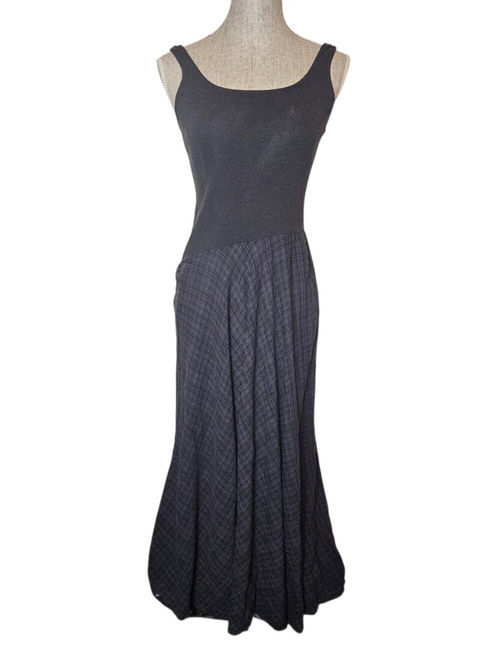 LNA Black Midi Tank Dress with Flowy Plaid Skirt Size S Asymmetrical Minimalist